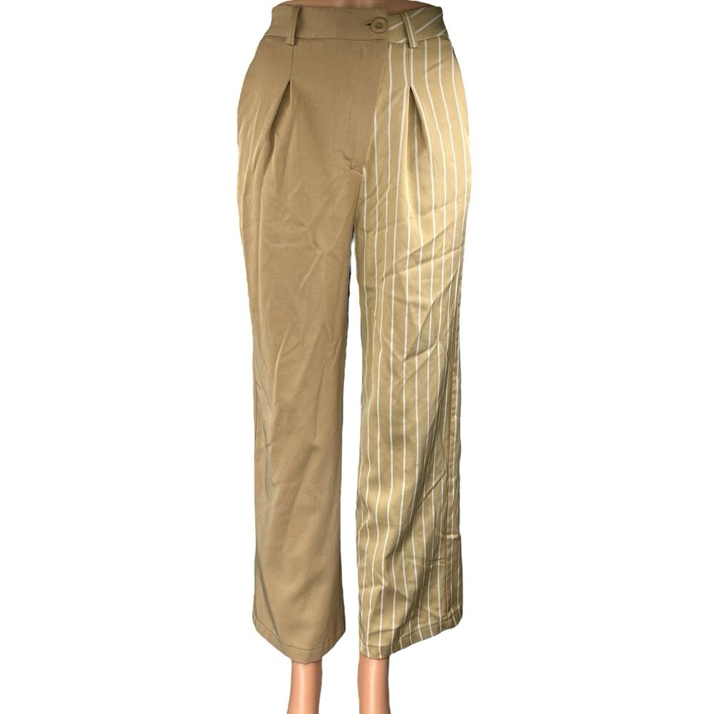PrettyLittleThing Tan Khaki Beige Striped Patchwork Trouser Dress Pants Size 2